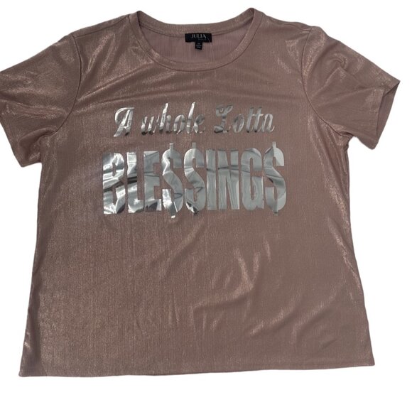 NWT Metallic Shimmer Tee A WHOLE LOTTA BLE$$INGS Dusty Rose Size 1X - Picture 4 of 6